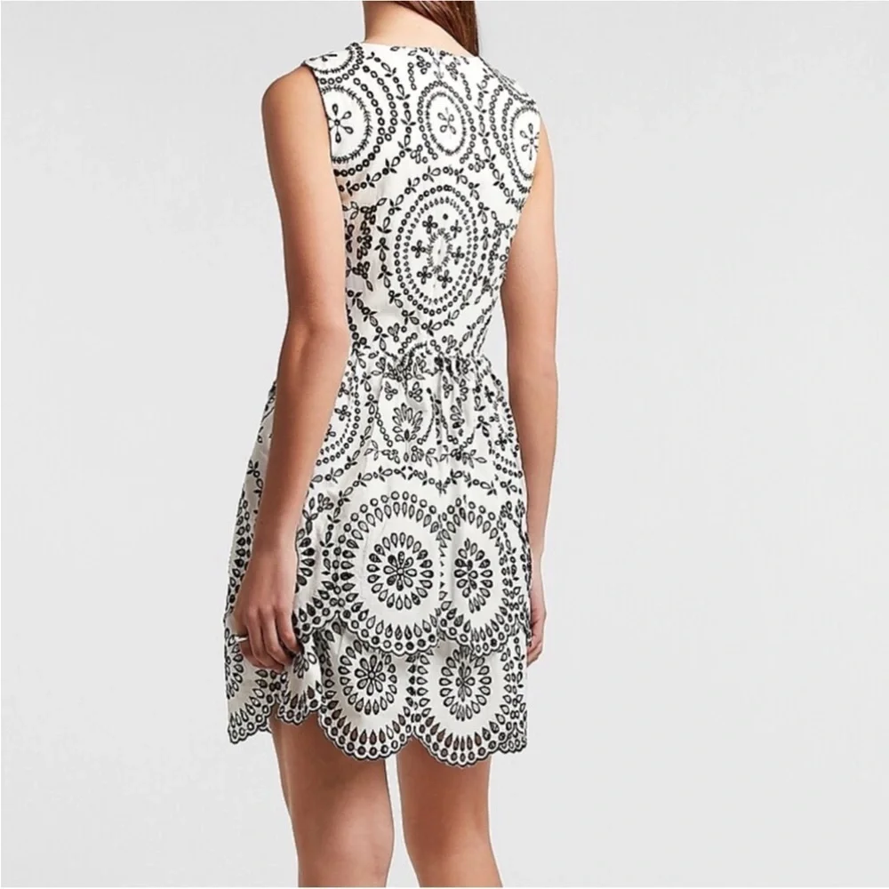 Express Black & White Embroidered Eyelet Tiered Fit & Flare Dress - Picture 2 of 12
